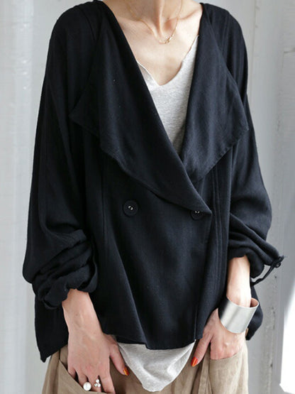Casual Loose Solid Color Buttoned Lapel Collar Long Sleeves Outwear