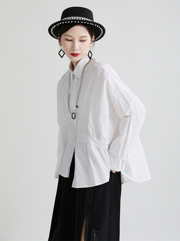 Original Irregular Solid Color Split-Joint Pleated Buttoned Lapel Collar Long Sleeves Blouse