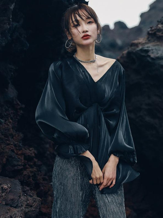 V-neck Chiffon Puff Sleeves Loose Shirt Top