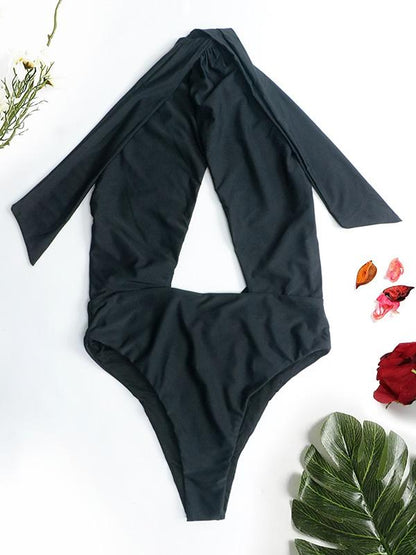 Plain Bandage Backless One-piece Swimwear