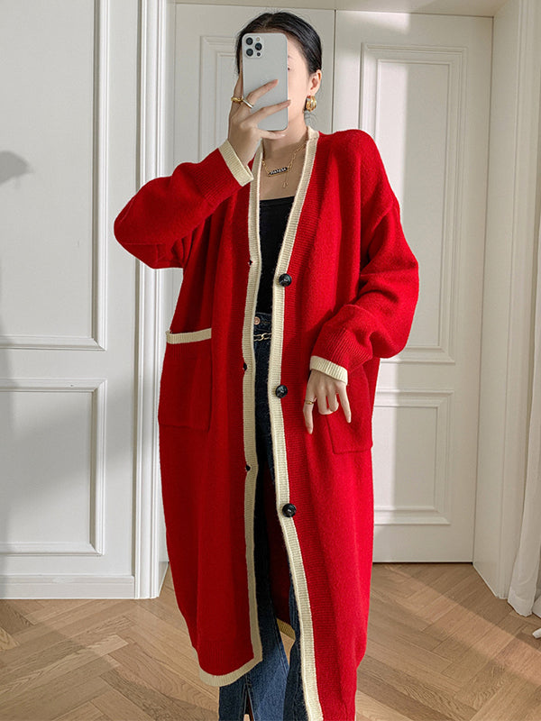 Stylish Loose Long Sleeves Split-Joint V-Neck With Pockets Cardigan Tops