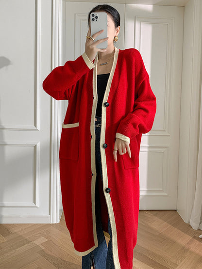 Stylish Loose Long Sleeves Split-Joint V-Neck With Pockets Cardigan Tops