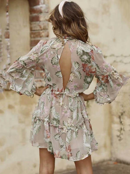 Retro Long Sleeves Floral Midi Dress