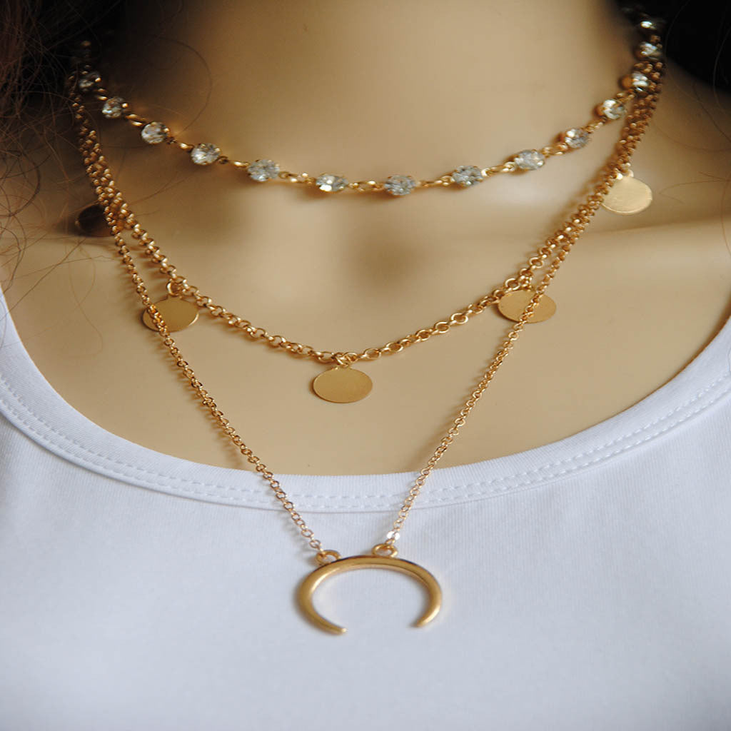 Rhinestone Sequin Moon Pendant Necklace