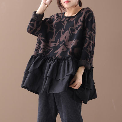 Buykud Agaric Lace Printed Spliced O-neck Blouse