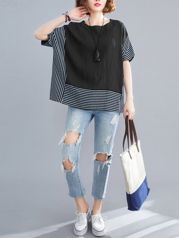 Vintage Ramie Cotton Striped Split-Joint Batwing Sleeves Round-Neck T-Shirt