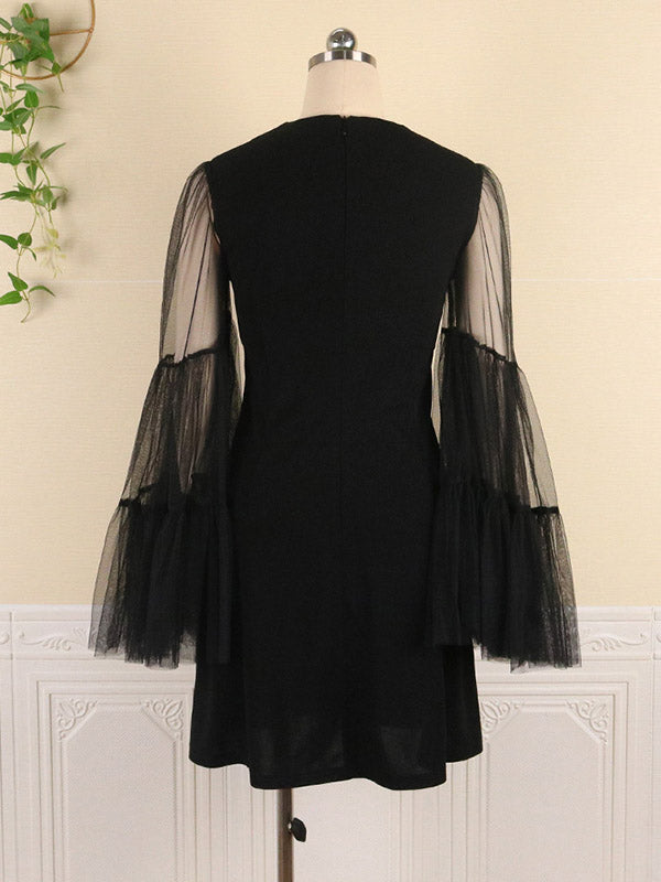 Stylish Loose Solid Color Split-Joint Mesh Falbala Flared Long Sleeves Round-Neck Mini Dress