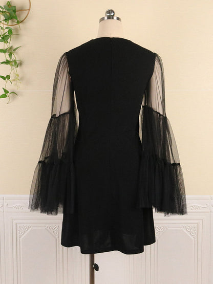 Stylish Loose Solid Color Split-Joint Mesh Falbala Flared Long Sleeves Round-Neck Mini Dress