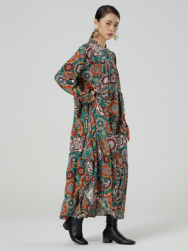 National Floral Printed Buttoned Pleated Stand Collar Long Sleeves Midi Dress