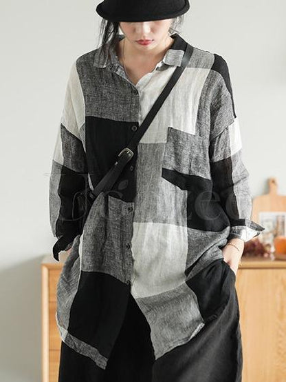 Retro Linen Plaid Long Shirt