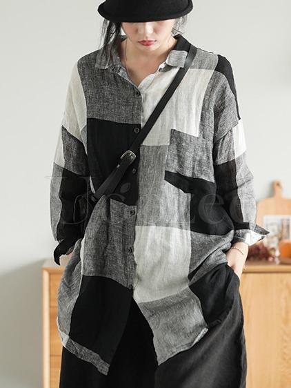 Retro Linen Plaid Long Shirt