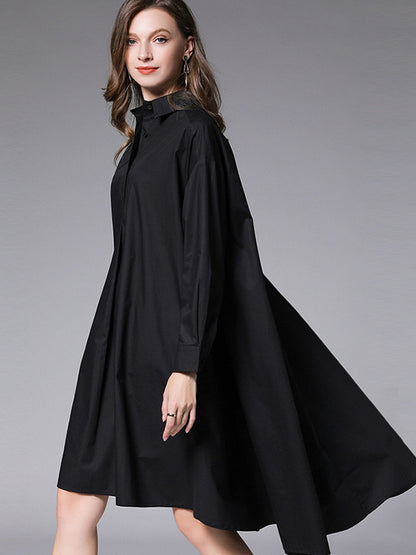 Simple Loose 4 Colors Buttoned Lapel Collar Raglan Sleeves High-Low Midi Dress