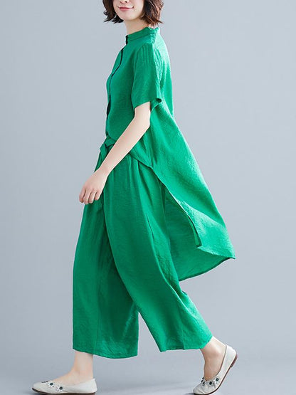 Loose Stand Collar Shirt + Wide Leg Pants Suit