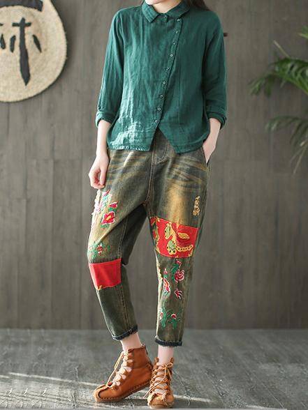 Ramie Cotton Solid Diagonal Button-design Shirt Top