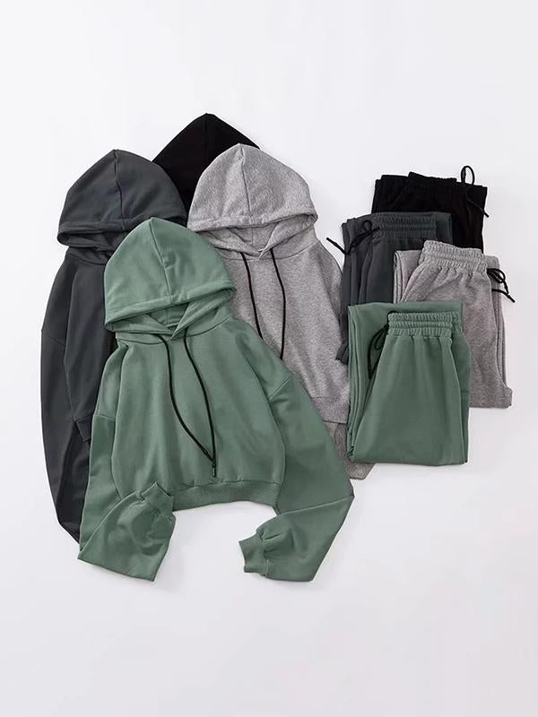 Loose Solid Drawstring Hoodie&Pants Sports Suits