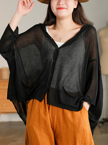 Casual Batwing Sleeve Hooded High-Low V-Neck Buttoned Cardigans