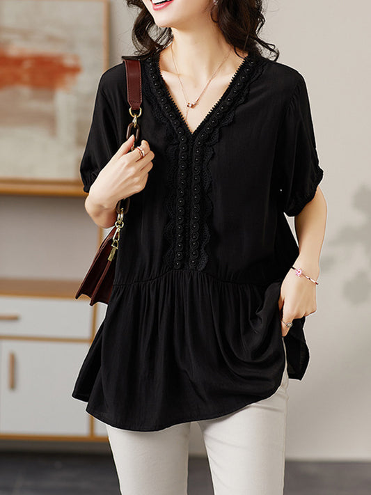 Casual Solid Color Split-Joint Lace Pleated Beaded V-Neck Elasticity Short Sleeves T-Shirt