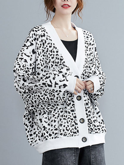Original Leopard Buttoned V-Neck Long Sleeves Outwear
