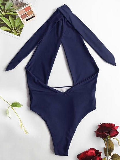 Plain Bandage Backless One-piece Swimwear