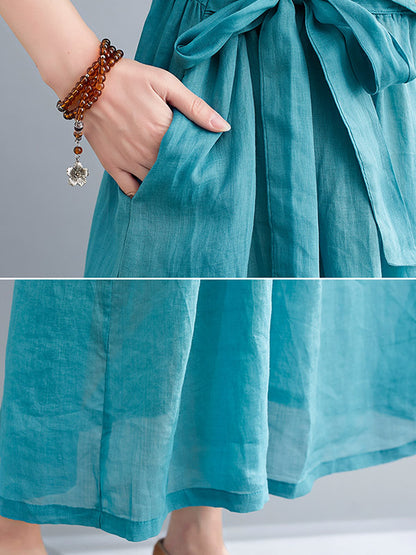 Artistic Retro Solid Color Split-Joint Pleated Tied Embroidered Half Sleeves V-Neck Midi Dress