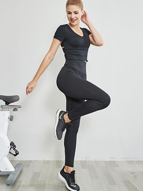 Sexy Wrap Solid Sports Tees Yoga Suits