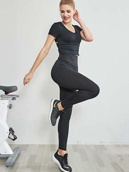 Sexy Wrap Solid Sports Tees Yoga Suits