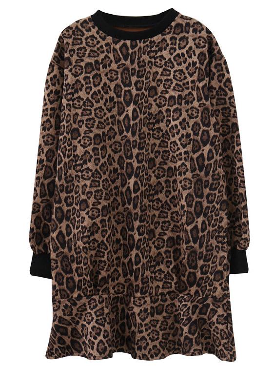 Loose Leopard Falbala Round-neck Short Dress