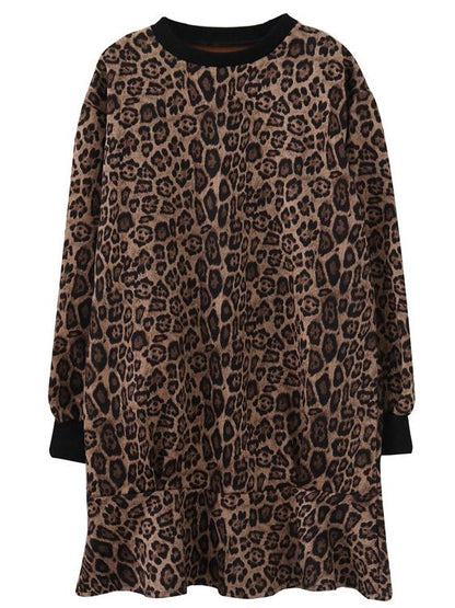 Loose Leopard Falbala Round-neck Short Dress