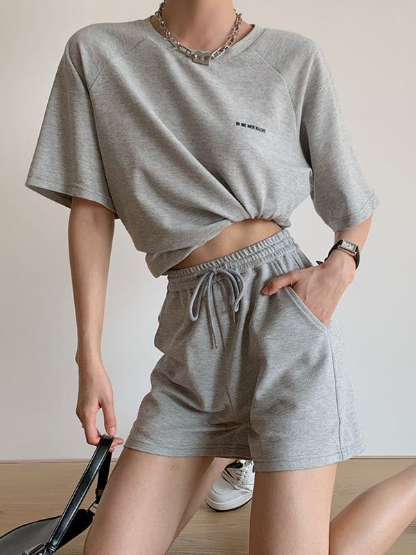 Casual Drawstring Elasticity Waist Solid Wide-Leg Shorts