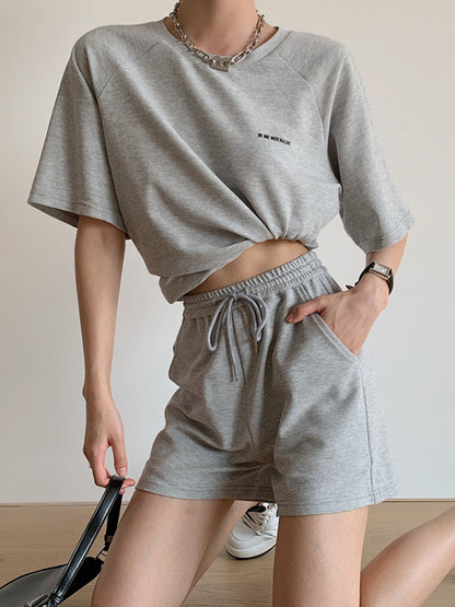 Casual Drawstring Elasticity Waist Solid Wide-Leg Shorts