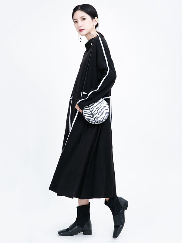 Casual Contrast Color Split-Joint Stand Collar Long Sleeves Midi Dress