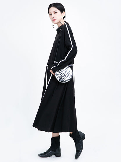 Casual Contrast Color Split-Joint Stand Collar Long Sleeves Midi Dress