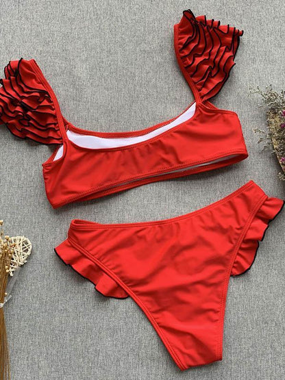 Bandeau Falbala Plain Bikinis Swimwear