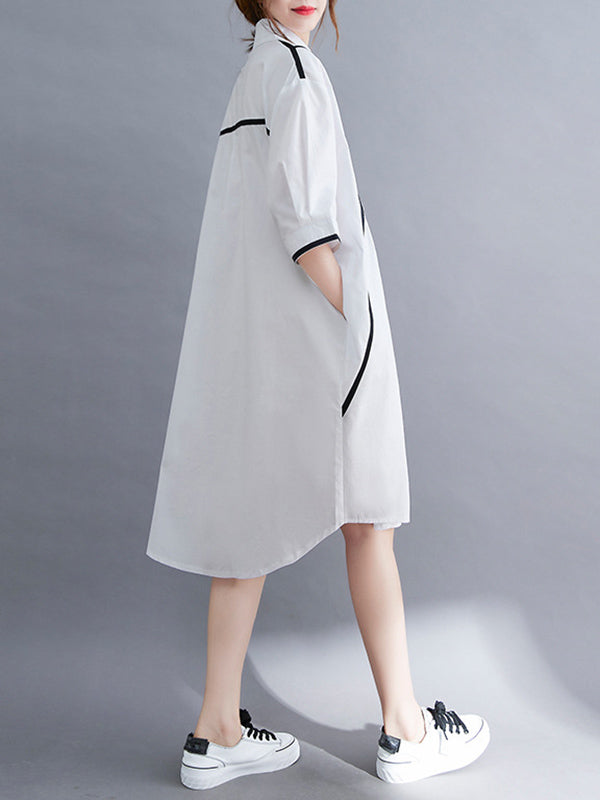 Stylish Loose White Split-Joint Half Sleeves Lapel Midi Dress