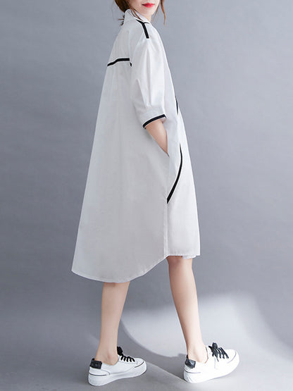 Stylish Loose White Split-Joint Half Sleeves Lapel Midi Dress