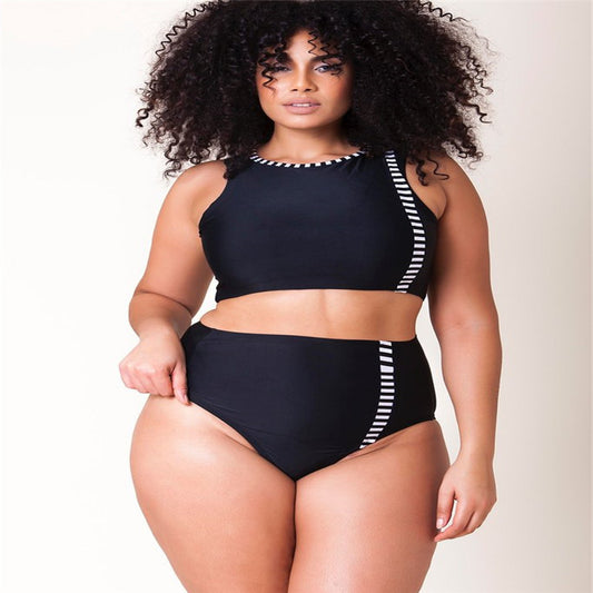 big size fat woman black and white flat color high waist BIKINI SWIMSUIT