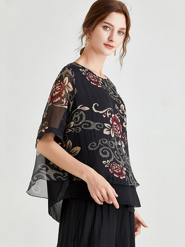 Original Silk Floral Printed Contrast Color T-Shirt Top