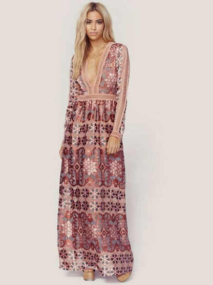 Bohemia Chiffon Lace Deep V-Neck Long Sleeves Floral Print Maxi Dress