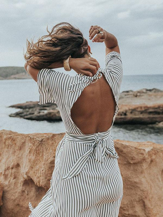 Fashion Striped Backless Split-side V-neck Midi Dresses
