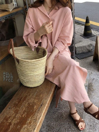 Simple Loose Casual Solid Color Buttoned Split-Side Lapel Collar Long Sleeves Midi Shirt Dress