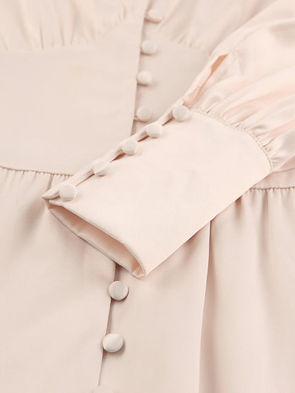 Urban Buttoned Split-Front High Waisted Puff Sleeve A-Line Midi Dress