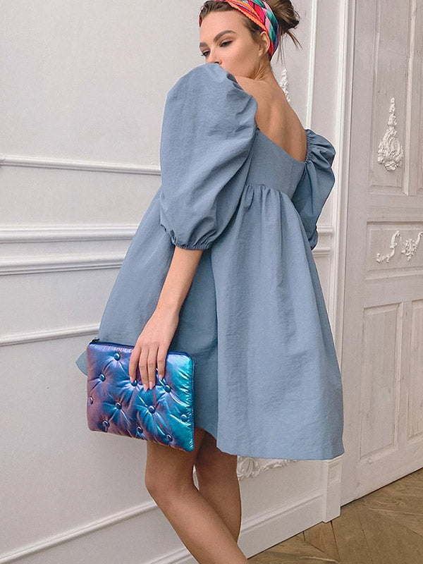 Stylish Split-Joint Pleated Puff Sleeves A-Line Mini Dress