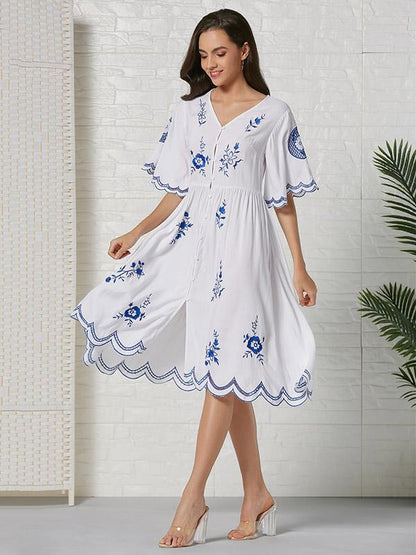 Bohemia Embroidered Hollow  Lace-trimmed Cotton Midi Dress