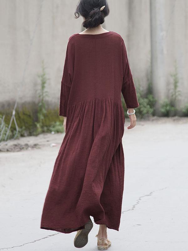 Ramie Cotton V-neck Loose Vintage Solid Midi Dresses