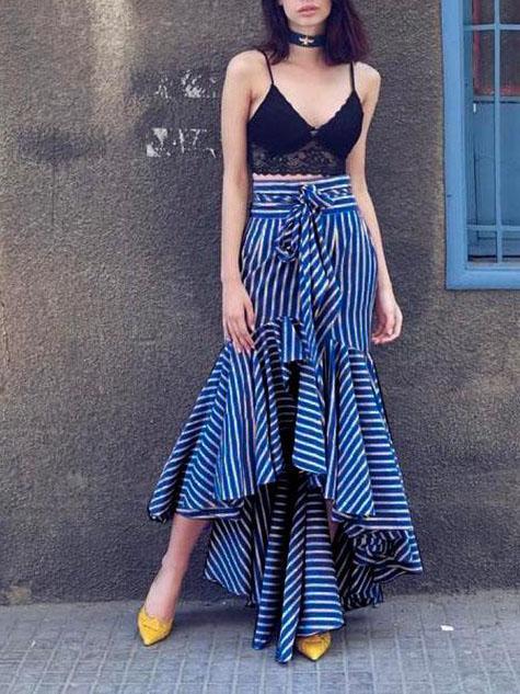 Bandage Striped Falbala Fishtail Skirt Bottoms