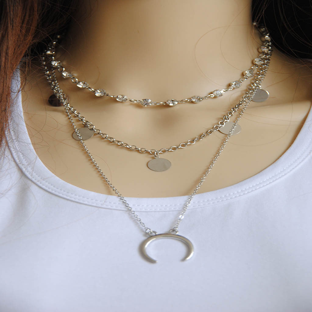 Rhinestone Sequin Moon Pendant Necklace