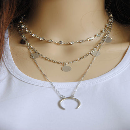 Rhinestone Sequin Moon Pendant Necklace