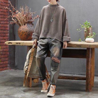 Buykud Half Turtleneck Striped Pullover Casual Sweater