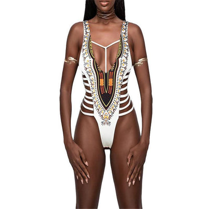 national style swimwear multi-belt printed sexy ONE-PIECE SWIMSUIT