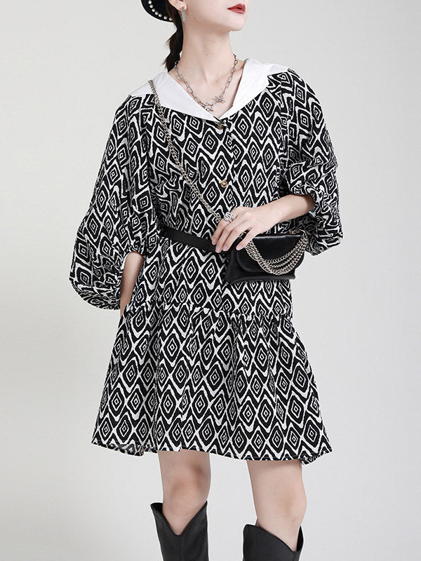 Stylish Printed Buttoned Pleated Falbala Lapel Collar Bishop Sleeves Mini Dress